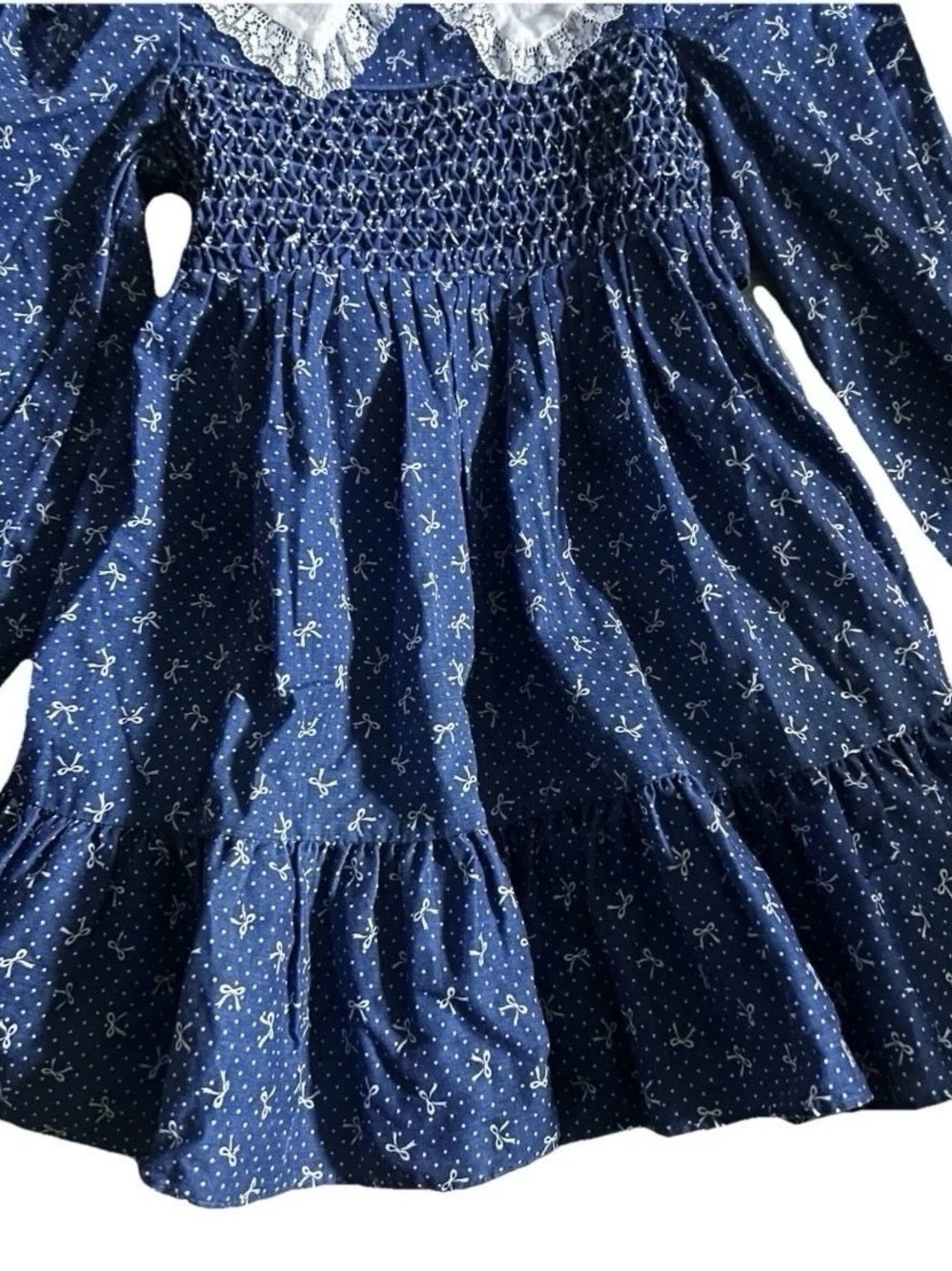 Girls Vintage Polly Flinders Blue Smocked Dress With White Bows Size 5 - Picture 3 of 5